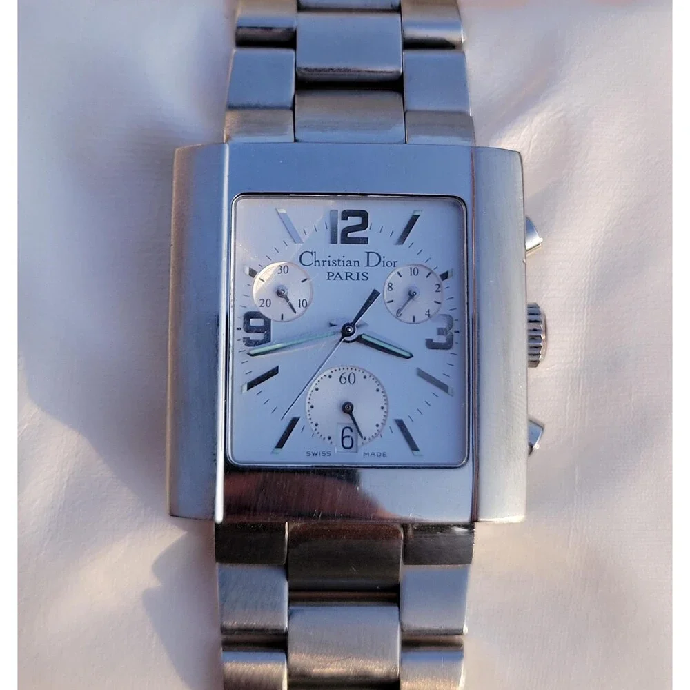 Christian Dior Riva Chronograph Watch Silver Rectangular Swiss Made Luxury